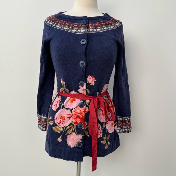 sparrow Sweaters - Anthropologie Sparrow Navy Knit Cardigan with Red and Cream Folk Trim Size S